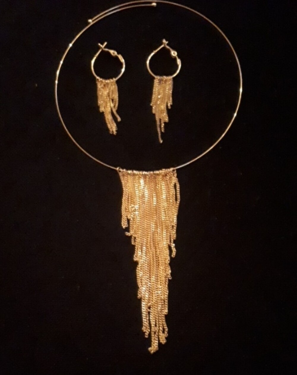 Vintage Gold Fringe Hoop Necklace and Earring Set - Women Jewelry